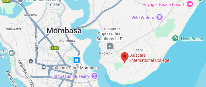 Map showing Auscare International College marked near the coast southeast of Mombasa, Kenya.