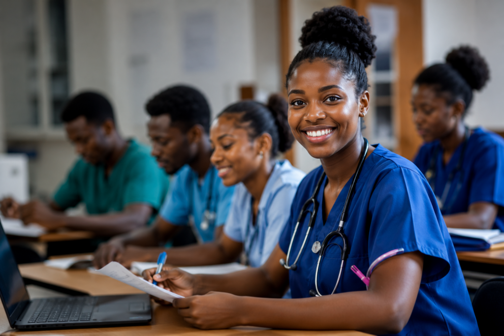 Smiling nurse in blue scrubs with a stethoscope sits at a desk with a laptop, classmates studying in the background.