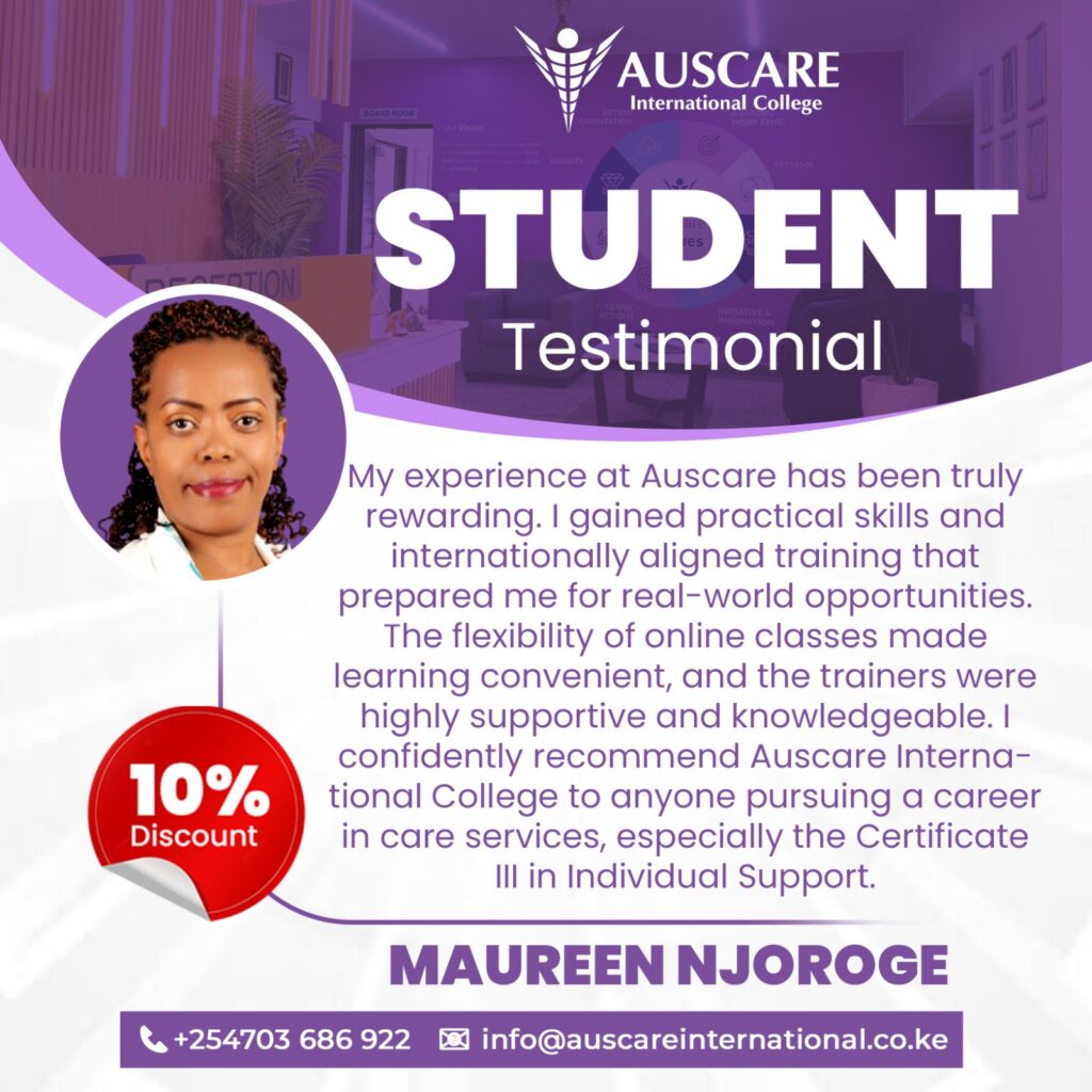 Promotional poster for Auscare International College with 'STUDENT' testimonial, circular photo of Maureen Njoroge, and a 10% discount badge.