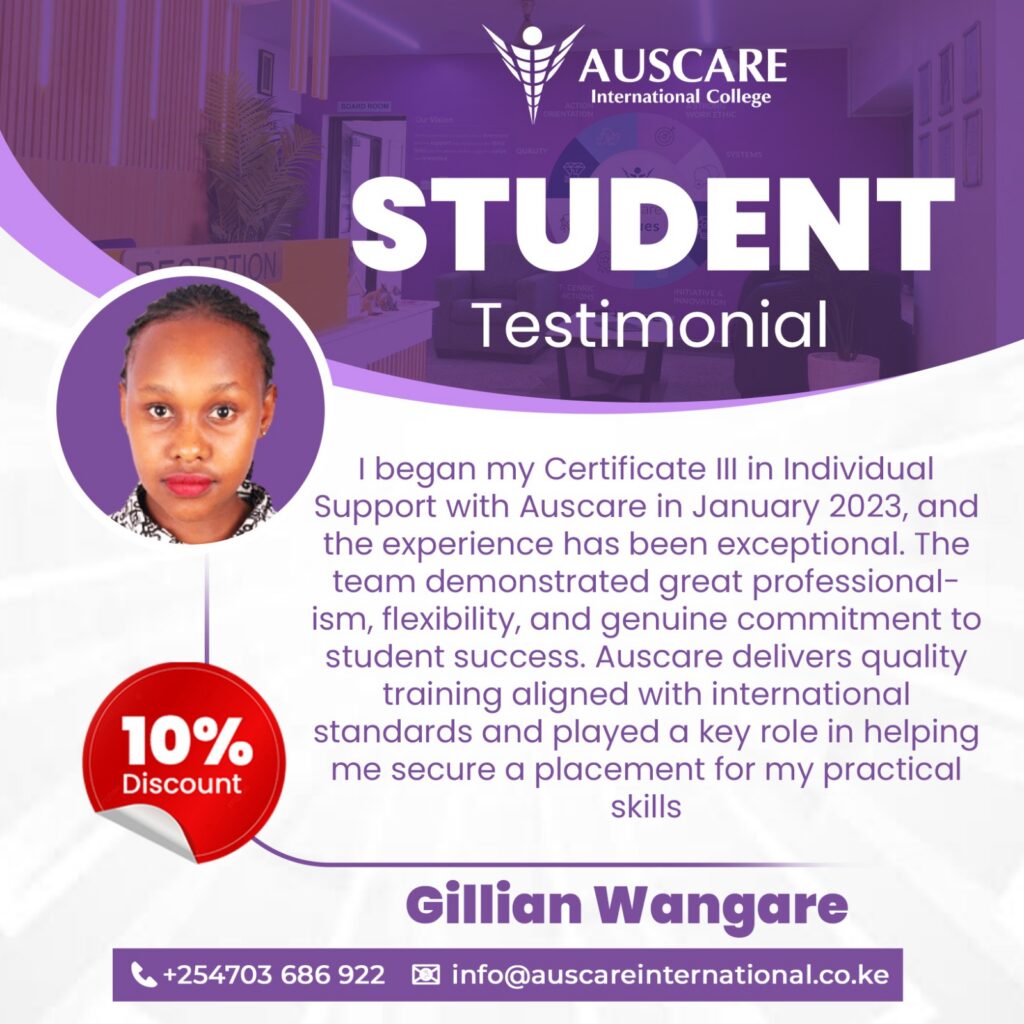 Purple-themed student testimonial banner with the name Gillian Wangare and a circular photo of the speaker on the left; large bold 'STUDENT' and 'Testimonial' text in white with the Auscare International College logo at the top. Includes a red '10% Discount' badge and contact details at the bottom.