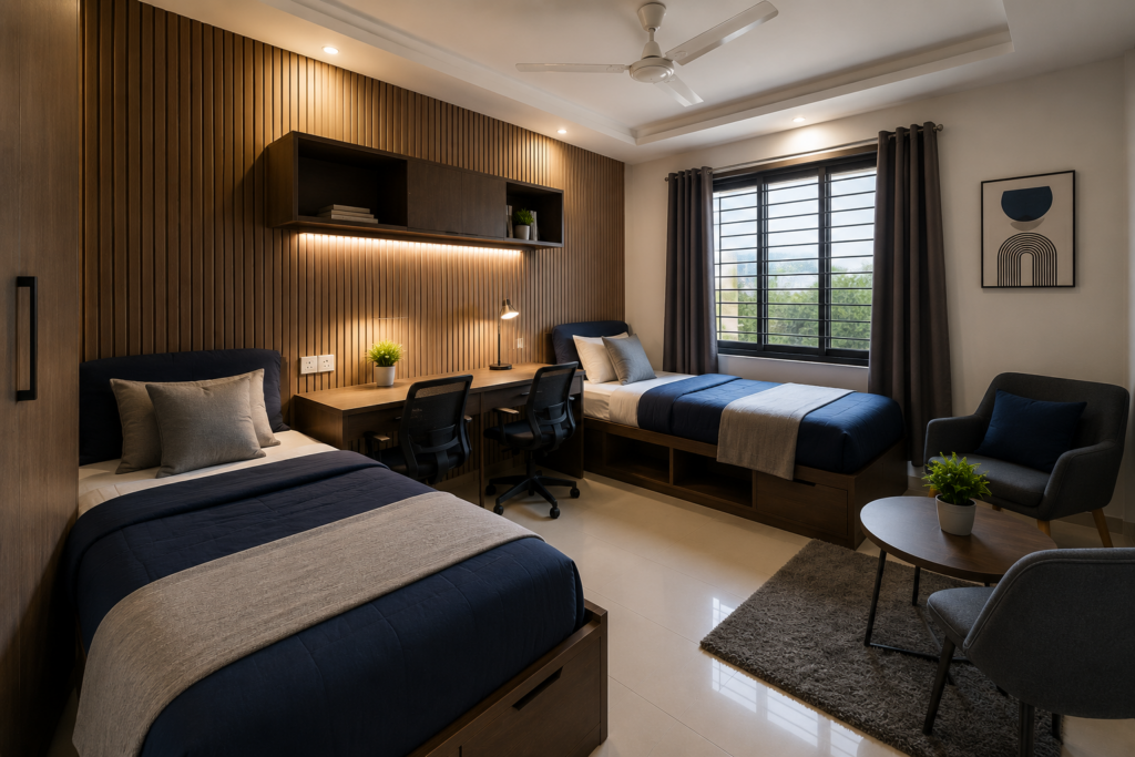 Modern dorm room with two single beds, a shared wooden desk, and a wood-paneled accent wall under recessed lighting.",