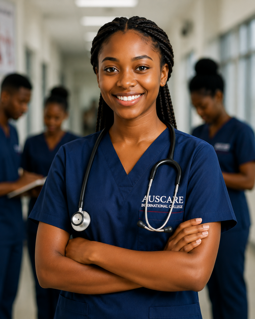 Smiling Black female nurse in navy scrubs with stethoscope, arms crossed, in a hospital hallway; colleagues blurred in background.