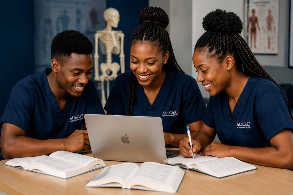 Three AUSCARE nursing students in navy scrubs study together around a laptop with open textbooks in front of them.