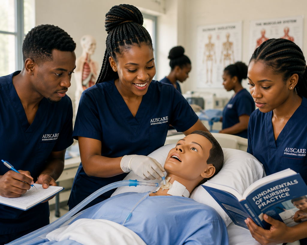 Nursing students in blue scrubs intubate a medical mannequin, one writing notes, another reading a nursing textbook titled Fundamentals of Nursing Practice in a classroom lab.