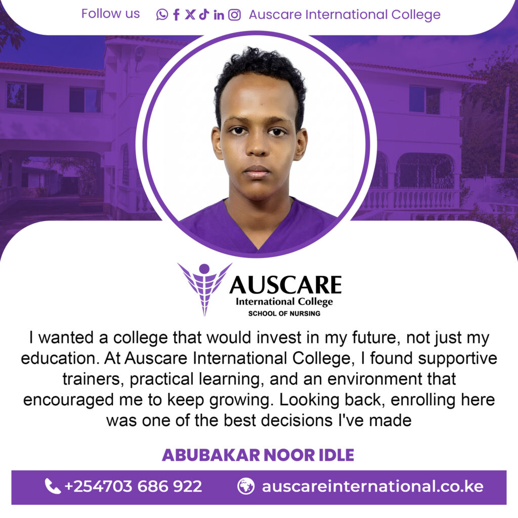Student portrait in purple uniform inside a white circular frame on an AUSCARE International College banner.