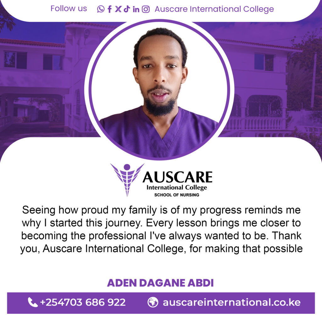 Portrait of a man in purple scrubs inside a circular frame on a purple AUSCARE banner.