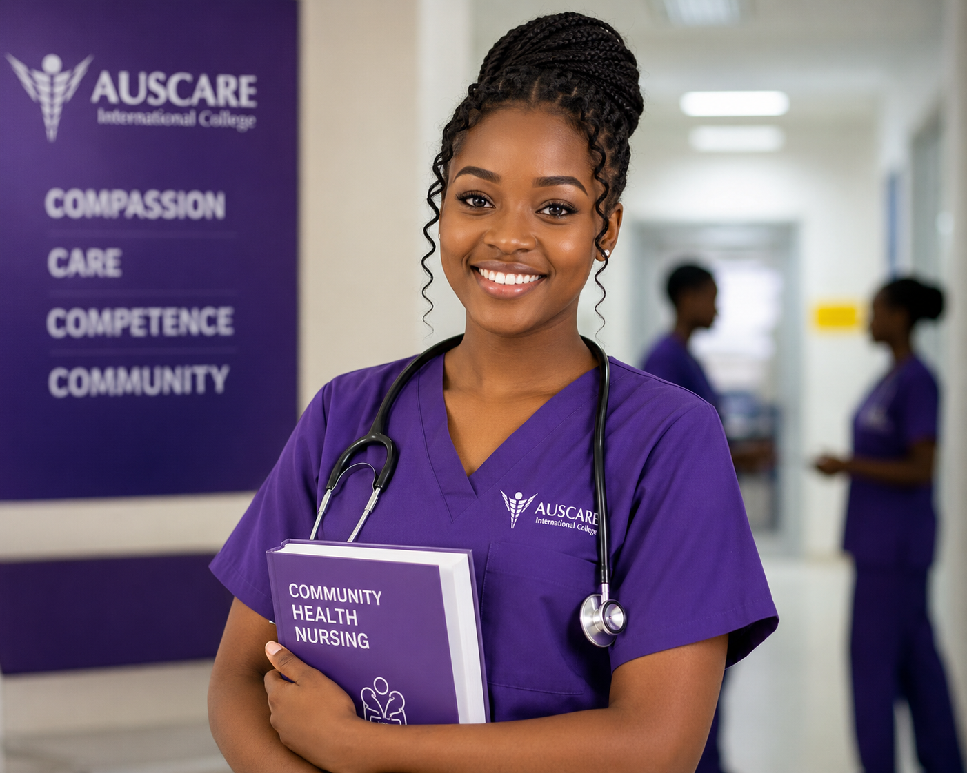 Smiling nurse student in purple scrubs holds a 'Community Health Nursing' binder with a stethoscope around her neck, in a university hallway.