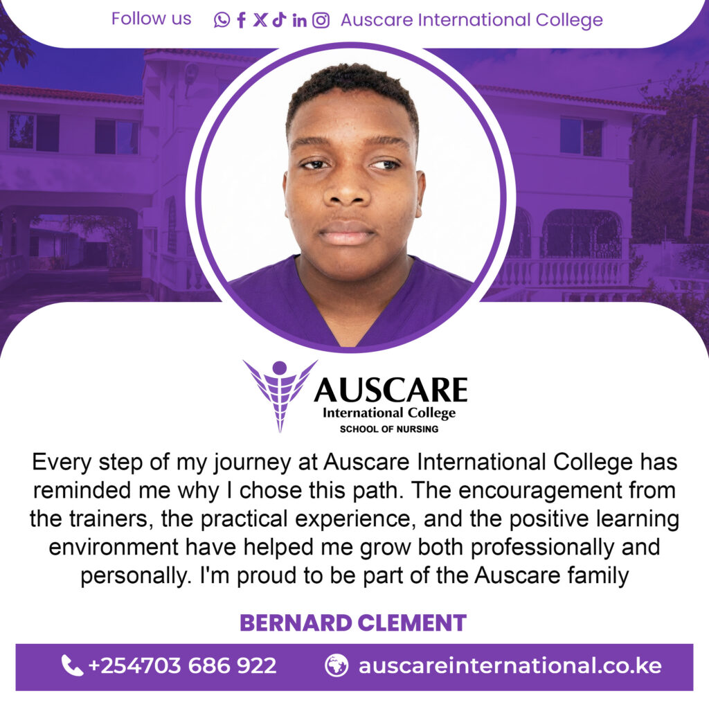 Individual portrait of a student inside a white circular frame on a purple-themed Auscare International College banner.