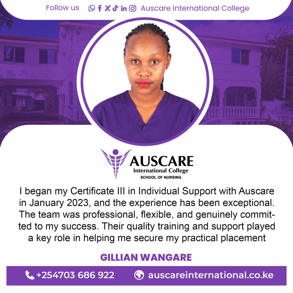 Portrait of Gillian Wangare in purple scrubs, centered in a white circular frame on a purple AUSCARE International College banner.