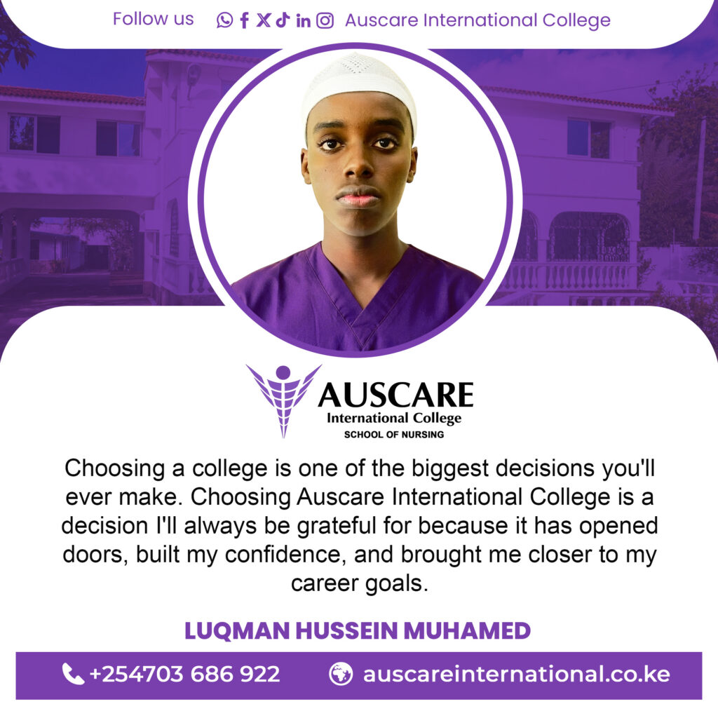 Hero banner for AUSCARE International College: centered student nurse in purple scrubs and white cap inside a circular frame, purple branding and logo visible.