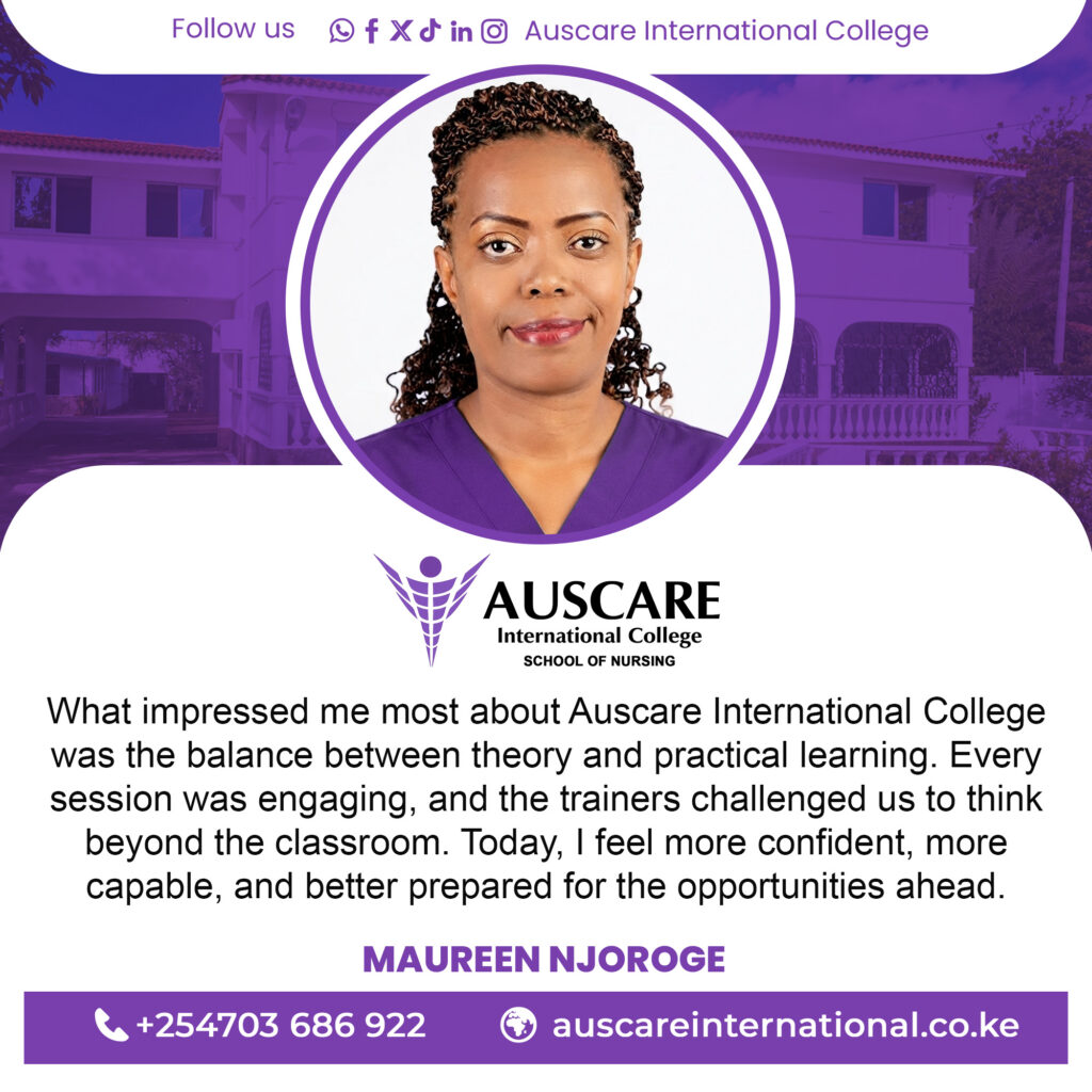 Portrait of a woman in purple scrubs against a purple branded backdrop with AUSCARE International College logo.