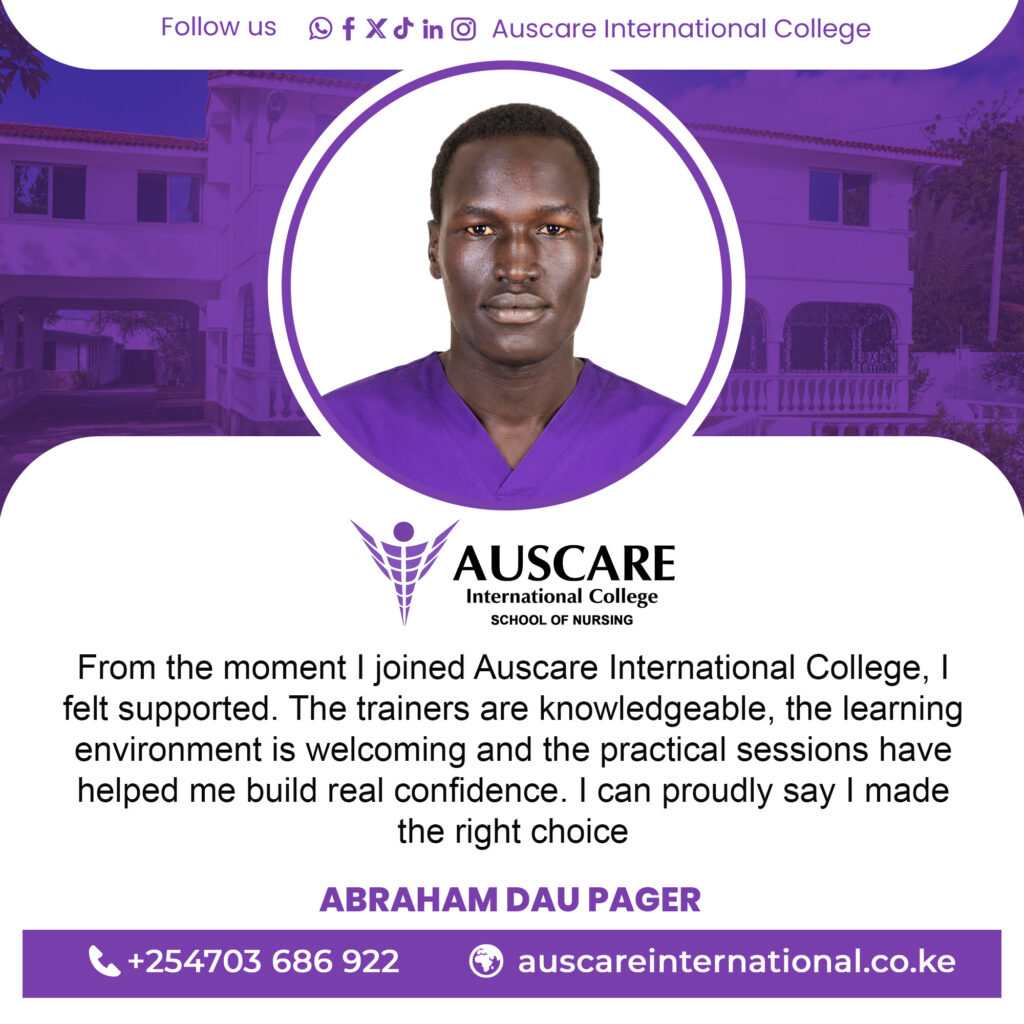 Portrait of a man in purple scrubs centered in a circular frame, with AUSCARE International College branding and testimonial text nearby.